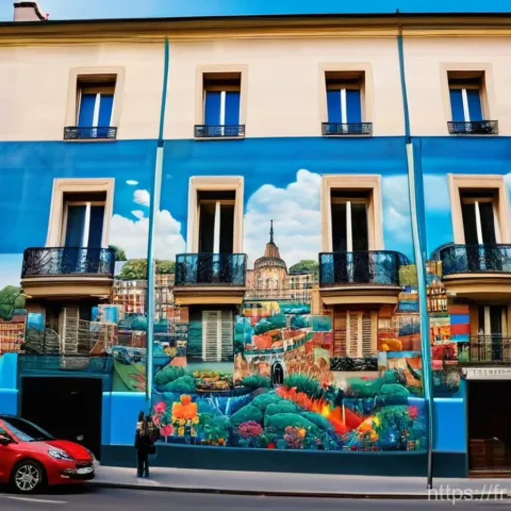 벽화와 지역 문화예술 행사 - **Vibrant Parisian Street Art Scene:** A dynamic and colorful panoramic view of a bustling street in...