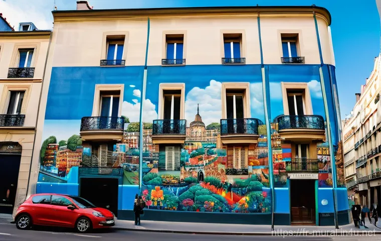 벽화와 지역 문화예술 행사 - **Vibrant Parisian Street Art Scene:** A dynamic and colorful panoramic view of a bustling street in...