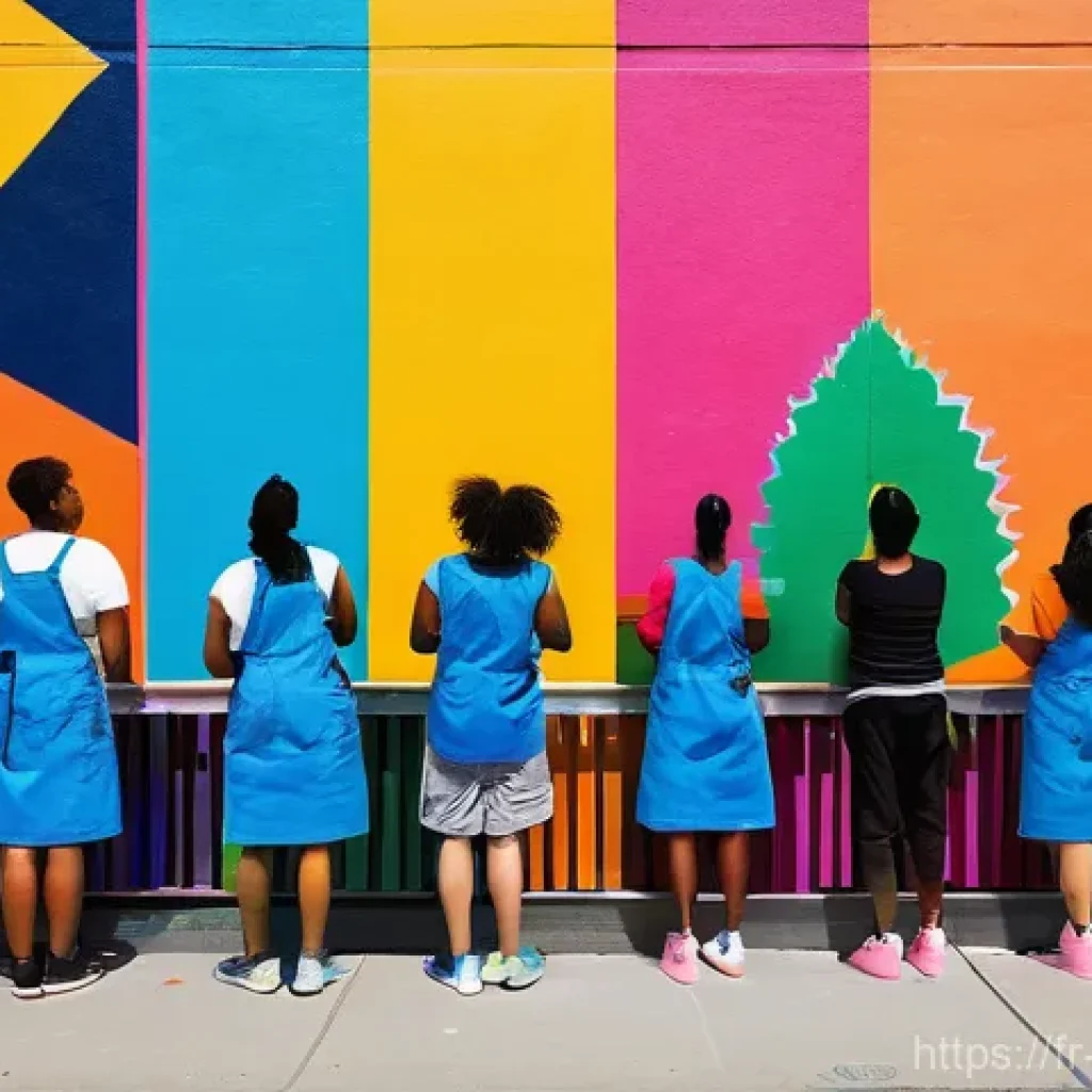 벽화작업 참여하기 - **Vibrant Community Mural in Progress:** A diverse group of people, including children, teenagers, a...