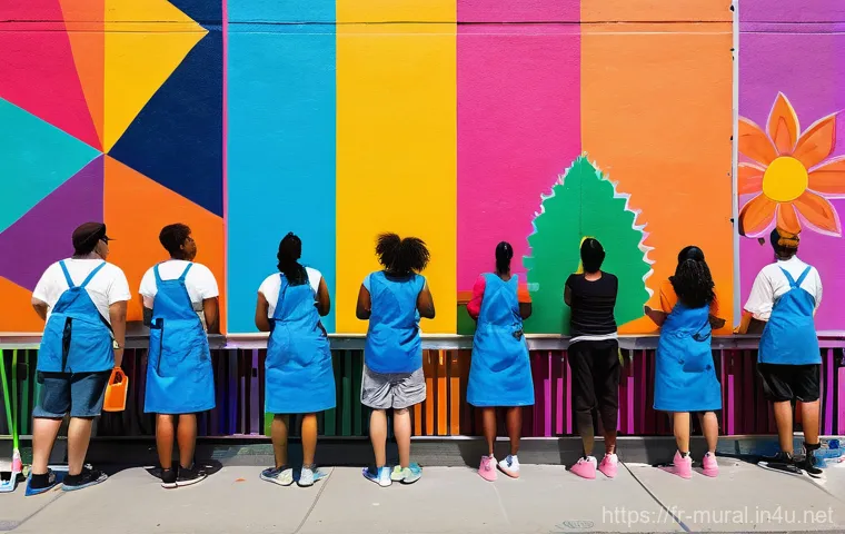 벽화작업 참여하기 - **Vibrant Community Mural in Progress:** A diverse group of people, including children, teenagers, a...