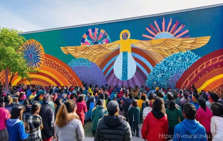 벽화작업 참여하기 - **Vibrant Community Mural in Progress:** A diverse group of people, including children, teenagers, a...