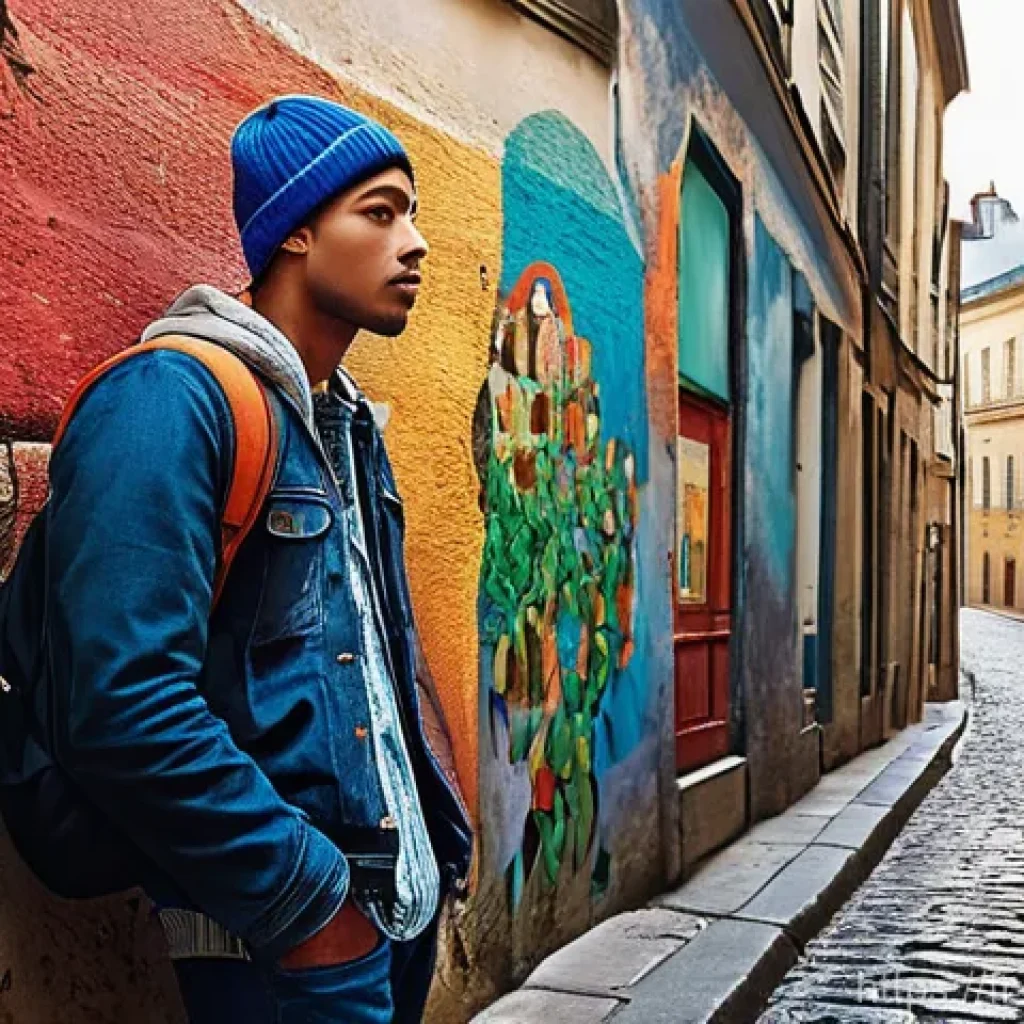 벽화 여행을 떠날 때 유의사항 - **Prompt:** A young, fashionably dressed urban explorer, wearing a stylish beanie and a casual jacke...