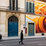 Home 22 벽화여행의 오프라인과 온라인 마케팅 - **Prompt 1: Immersive Discovery in Paris**
"A young adult, elegantly dressed in contemporary Par...