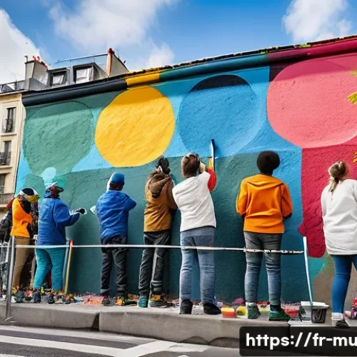 Home 33 벽화 예술 프로젝트 참여 - A vibrant urban street scene featuring a diverse group of people collaboratively painting a large ou...