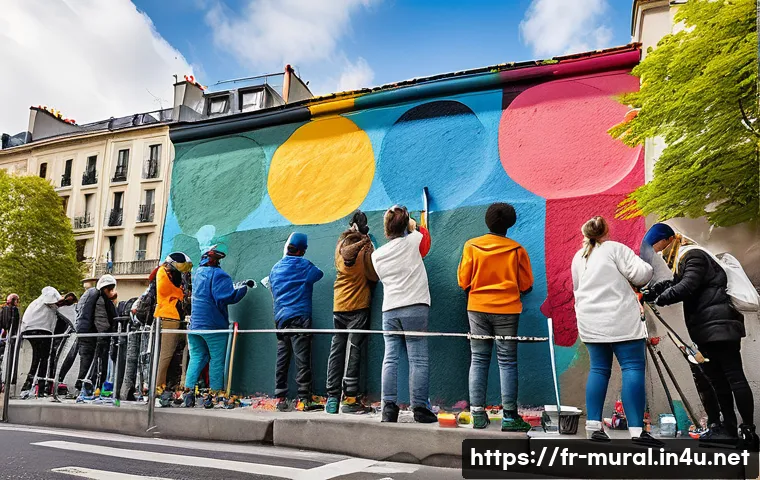 벽화 예술 프로젝트 참여 - A vibrant urban street scene featuring a diverse group of people collaboratively painting a large ou...