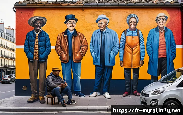 벽화예술의 사회적 역할 - A vibrant street mural in a Parisian neighborhood depicting the diverse history of immigrant communi...