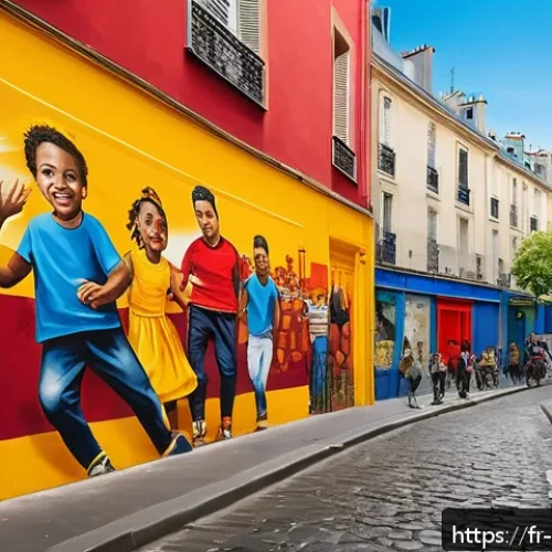 Home 31 벽화의 이야기 전달 방식 - A vibrant urban mural in a lively Parisian neighborhood, featuring bold, vivid red hues symbolizing ...