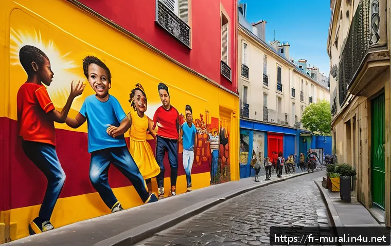 벽화의 이야기 전달 방식 - A vibrant urban mural in a lively Parisian neighborhood, featuring bold, vivid red hues symbolizing ...