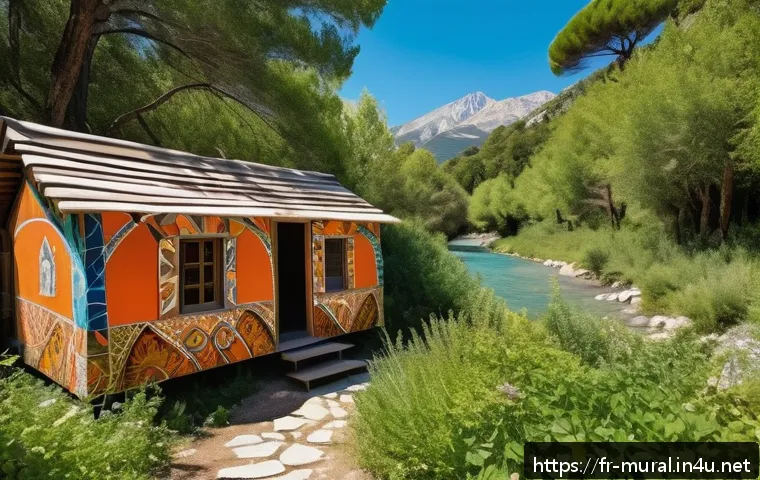 벽화여행 캠핑과 벽화 - A serene forest trail in the Provence-Alpes-C&ocirc;te d&rsquo;Azur region, featuring vibrant, colorful street a...