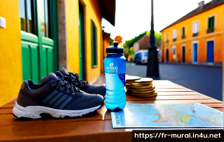 벽화 여행 필수 준비물 - Photorealistic travel essentials neatly arranged on a small café table beside a colorful street mura...