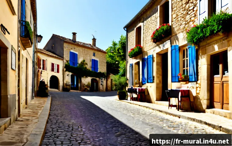벽화여행 경상북도 벽화마을 - Photorealistic travel scene in a charming southern French mural village, sunlit stone lane lined wit...