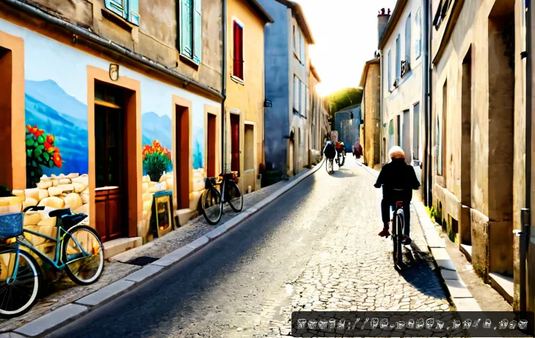 벽화 마을에서 느끼는 지역 특성 - Photorealistic view of a charming French mural village, a narrow stone lane with colorful hand-paint...
